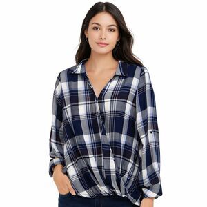 Lane Bryant Tunic Blouse Womens 14 Blue Plaid Surplice Front Long Sleeve Top
